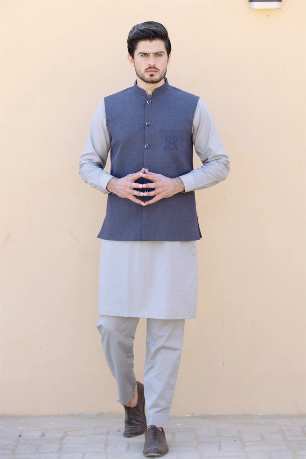 Bareeq Outfits - Embroidered Bluish-Grey Waist Coat