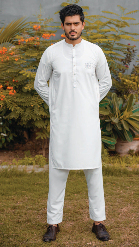 Bareeq Outfits - White Blended Kurta Pajama