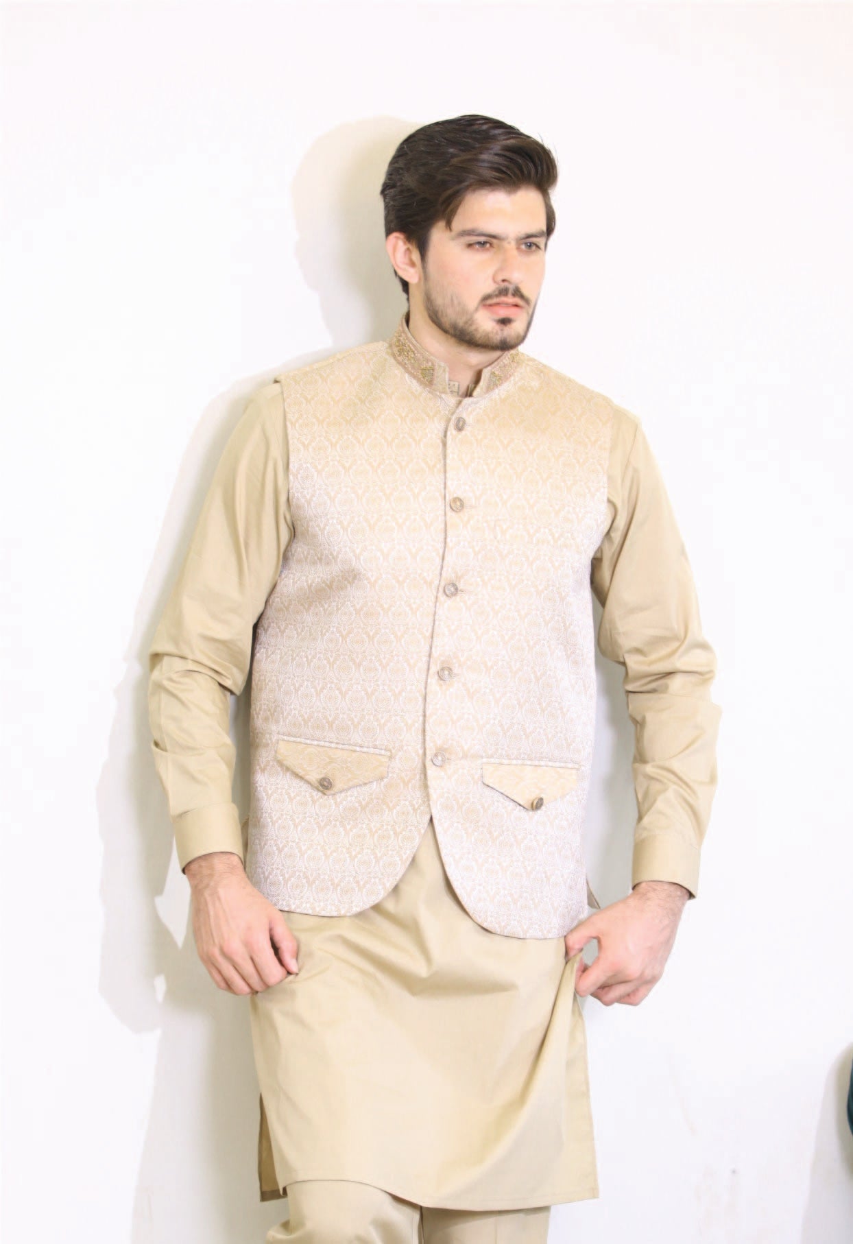 Bareeq Outfits - Beige Embroidered Waist Coat