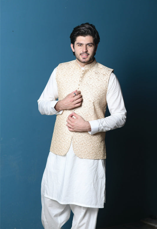 Bareeq Outfits - Cream Embroidered Waistcoat