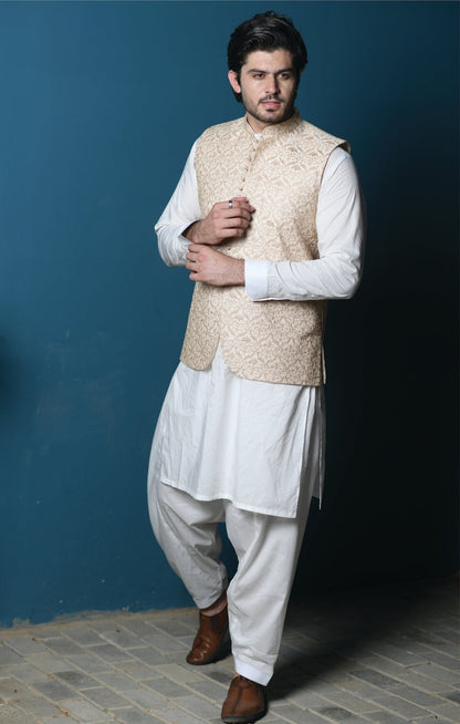 Bareeq Outfits - Cream Embroidered Waistcoat