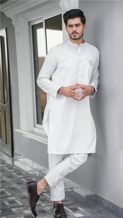 Bareeq Outfits - White Blended Kurta Pajama