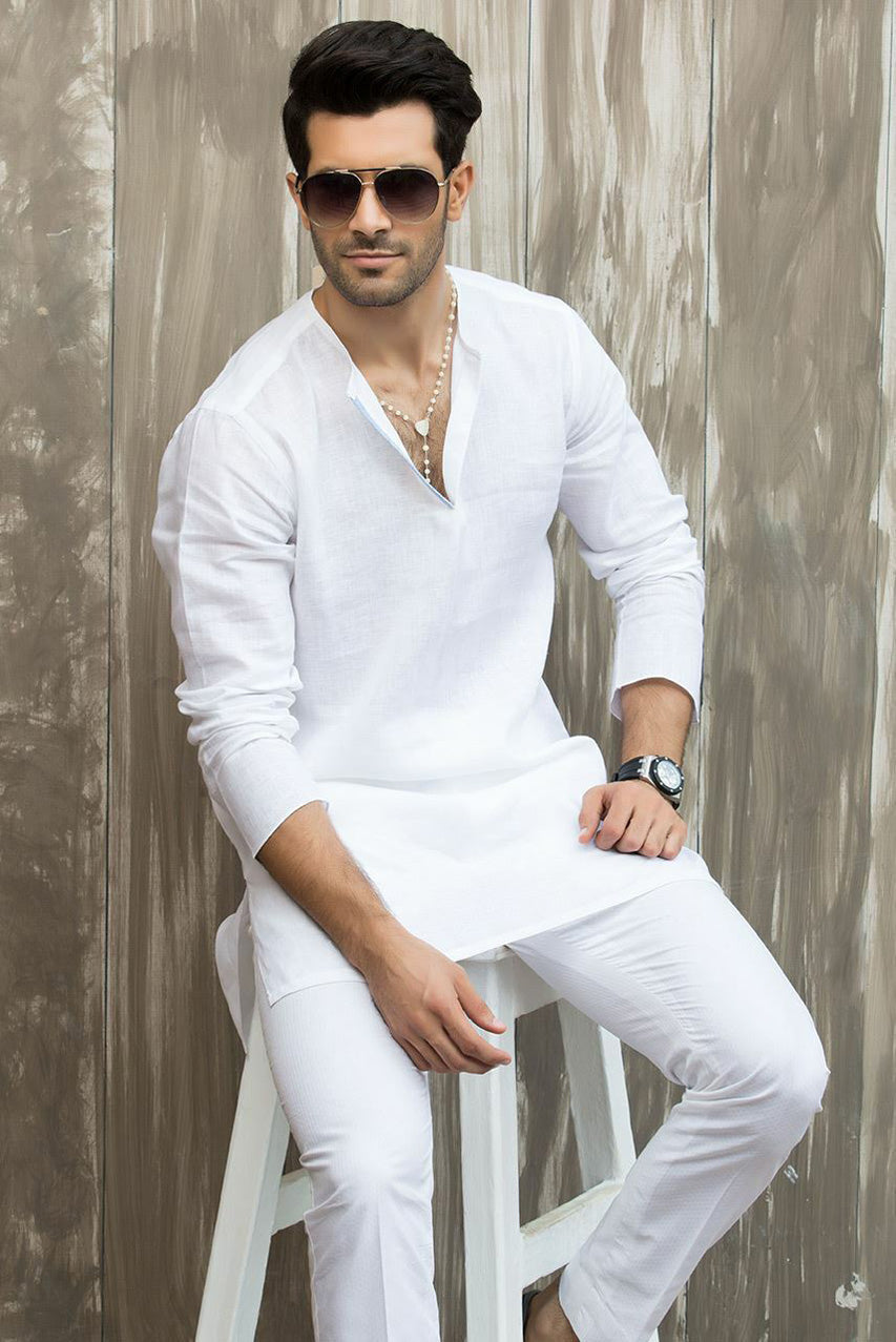 White Linen Short Kurta and trousers