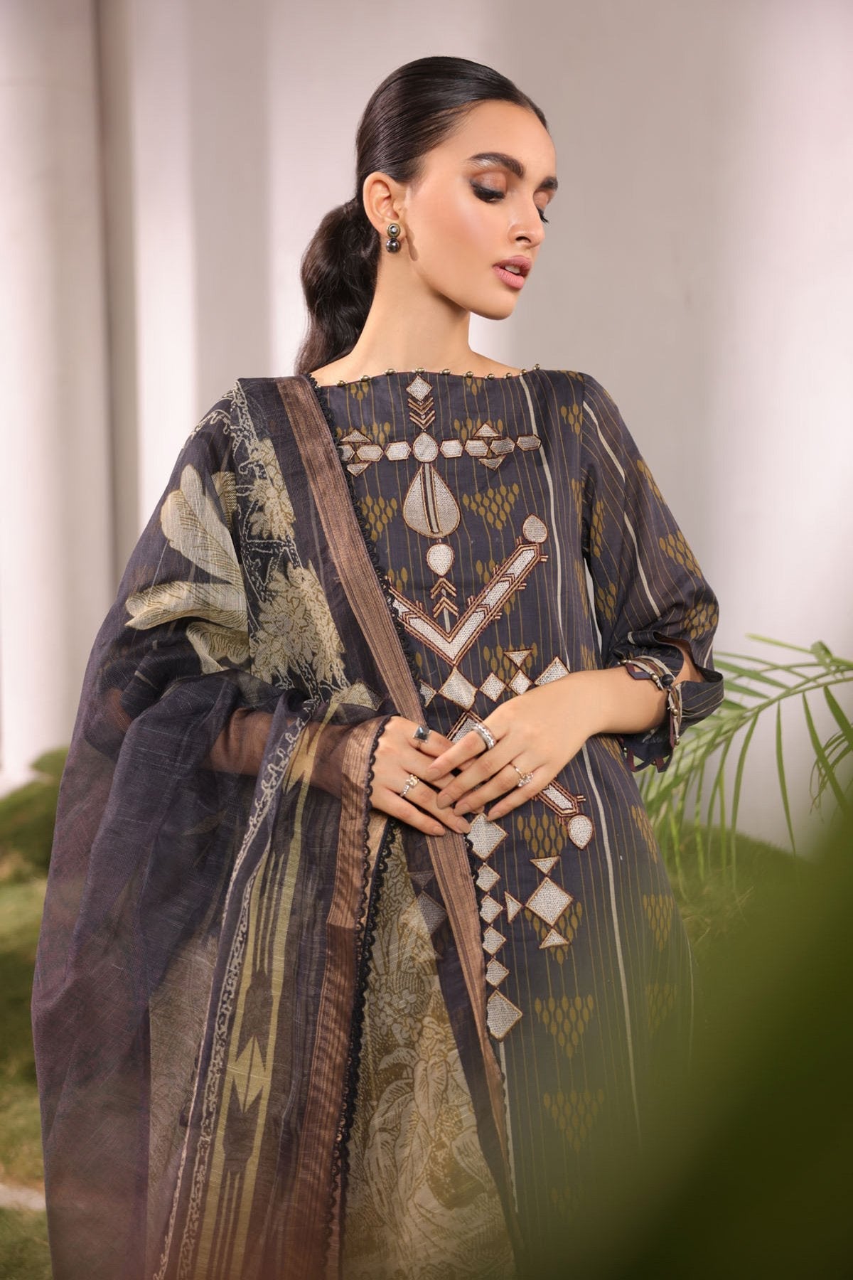 3 Pc Embroidered Two Slub Way Suit With Fancy Dupatta