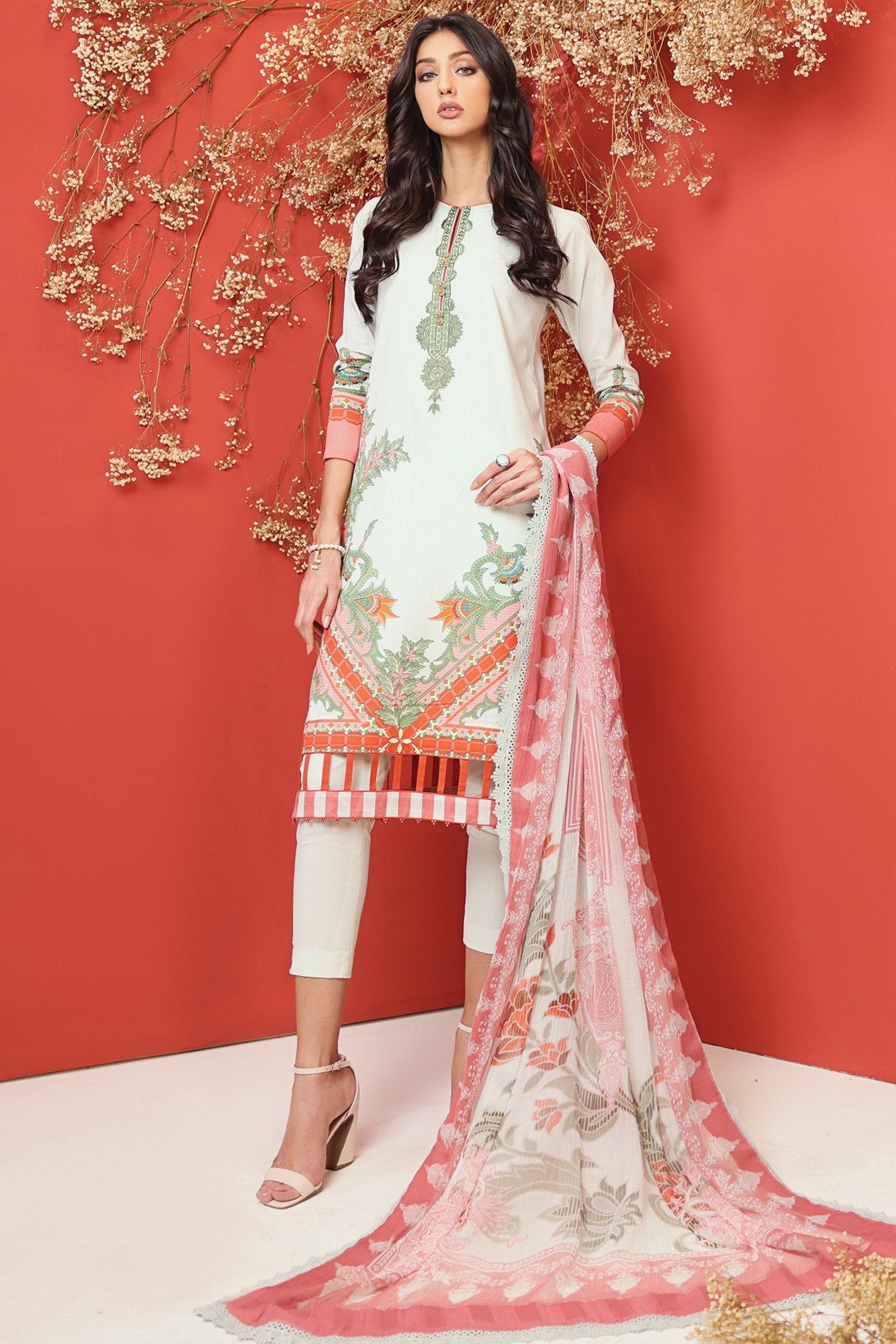 3 Pc Embroidered Cambric Suit With Chiffon Dupatta