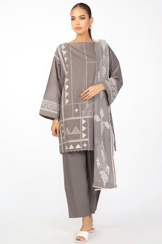 3 Pc Embroidered Two Slub Way Suit With Chiffon Dupatta