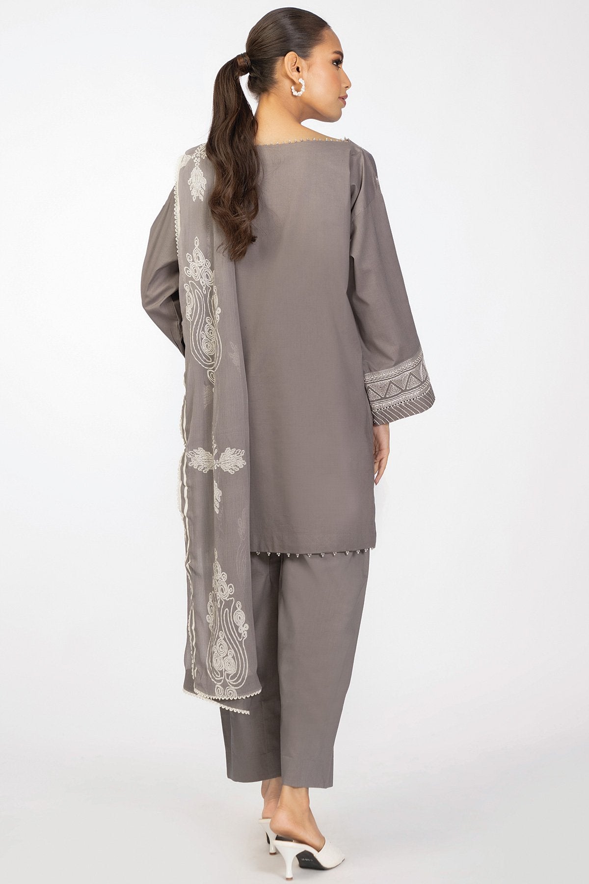 3 Pc Embroidered Two Slub Way Suit With Chiffon Dupatta