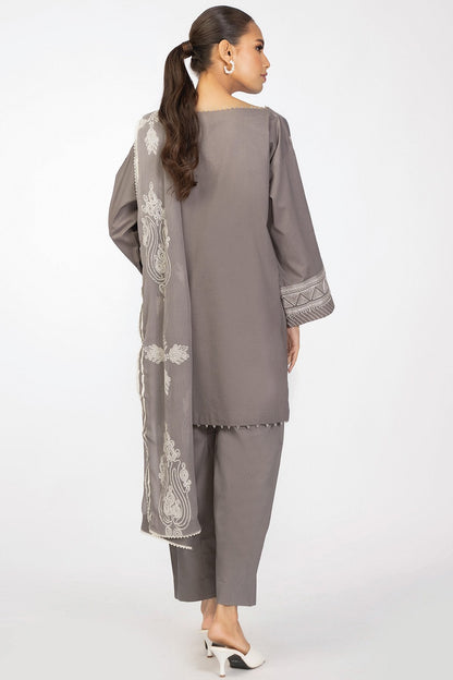 3 Pc Embroidered Two Slub Way Suit With Chiffon Dupatta