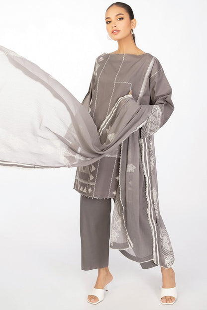 3 Pc Embroidered Two Slub Way Suit With Chiffon Dupatta