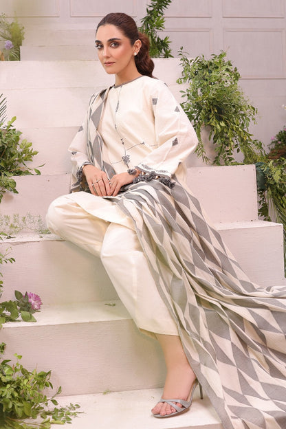 3 Pc Embroidered Dobby Suit With Jacquard Dupatta