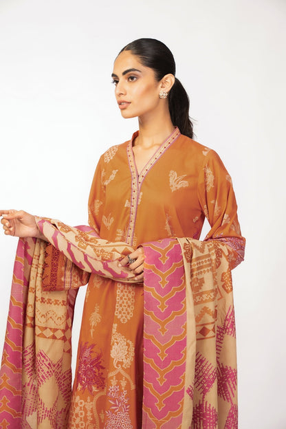 3 Pc Printed Cambric Suit With Jacquard Dupatta