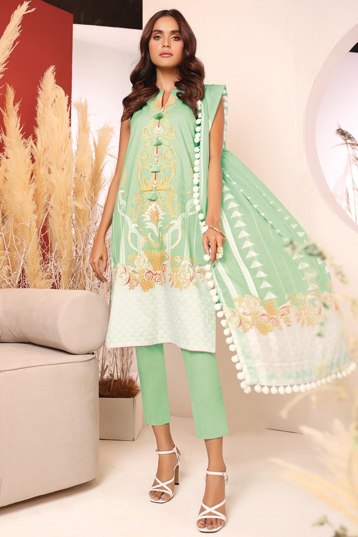 Alkaram - 3 Pc Printed Cambric Suit With Doriya Dupatta