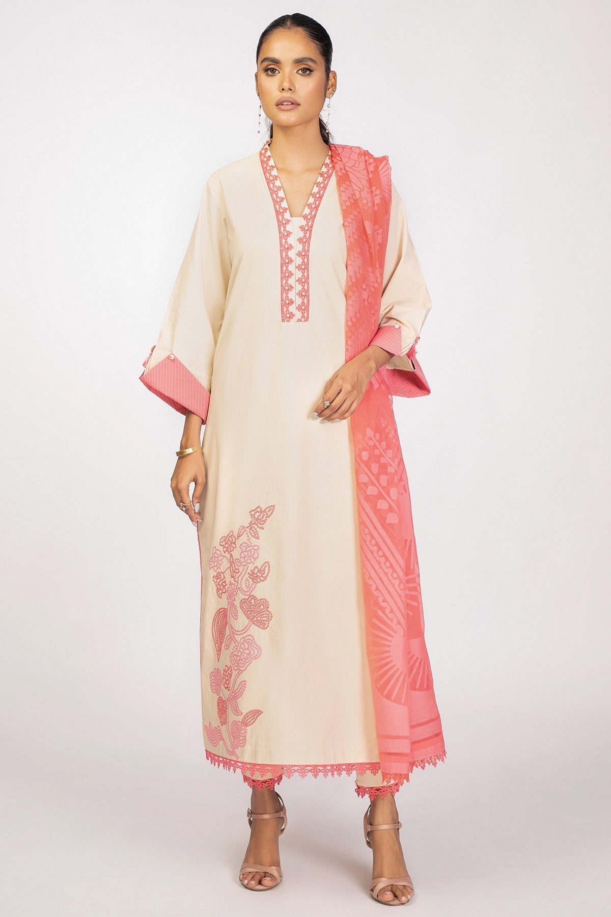 3 Pc Embroidered Cambric Suit With Organza Dupatta