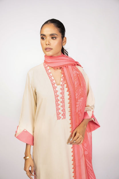 3 Pc Embroidered Cambric Suit With Organza Dupatta
