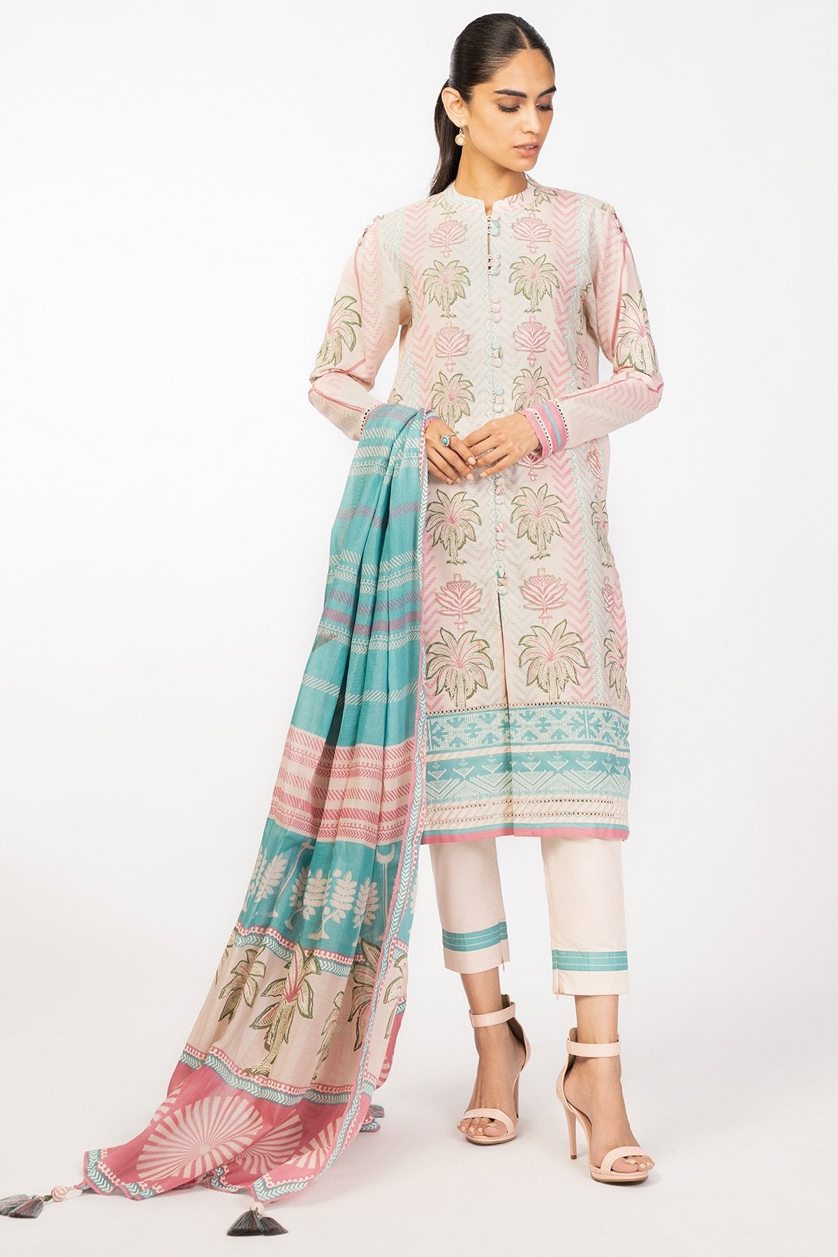3 Pc Printed Cambric Suit With Cotton Net Dupatta