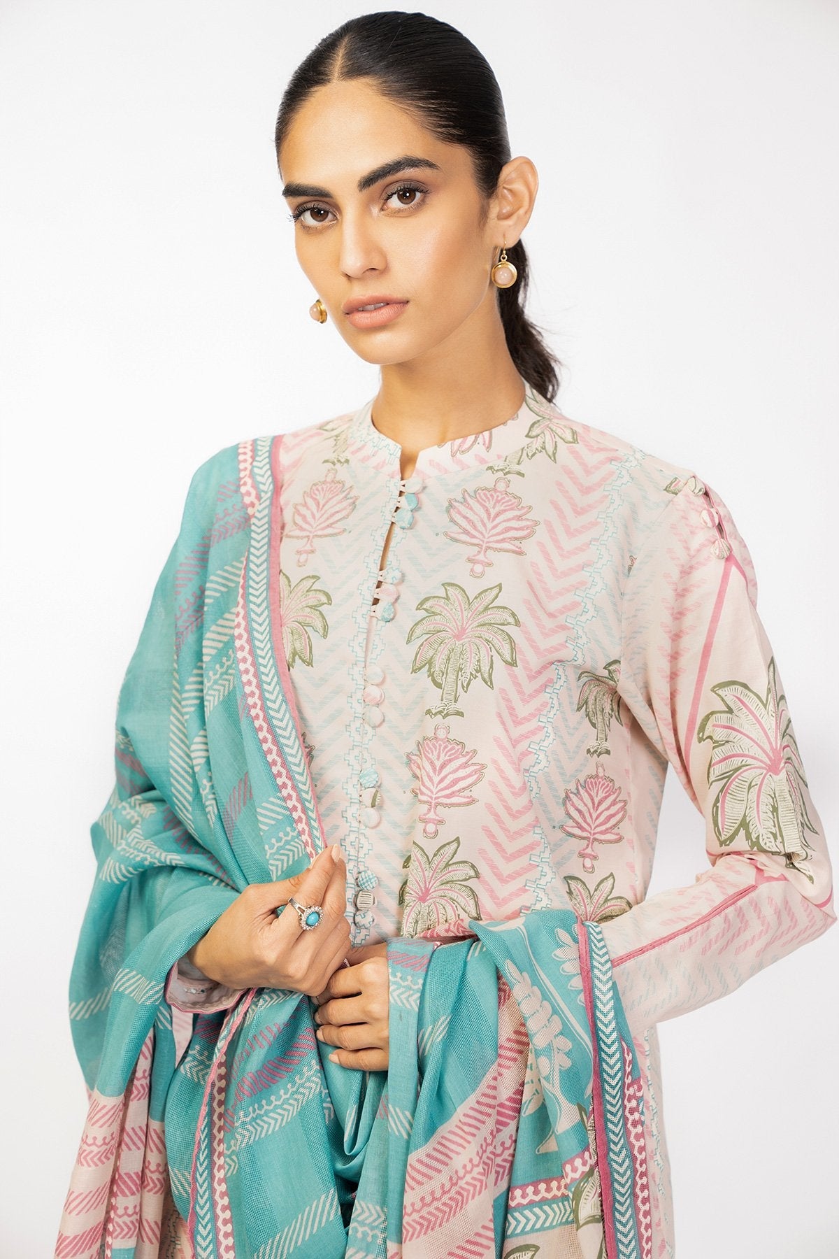 3 Pc Printed Cambric Suit With Cotton Net Dupatta