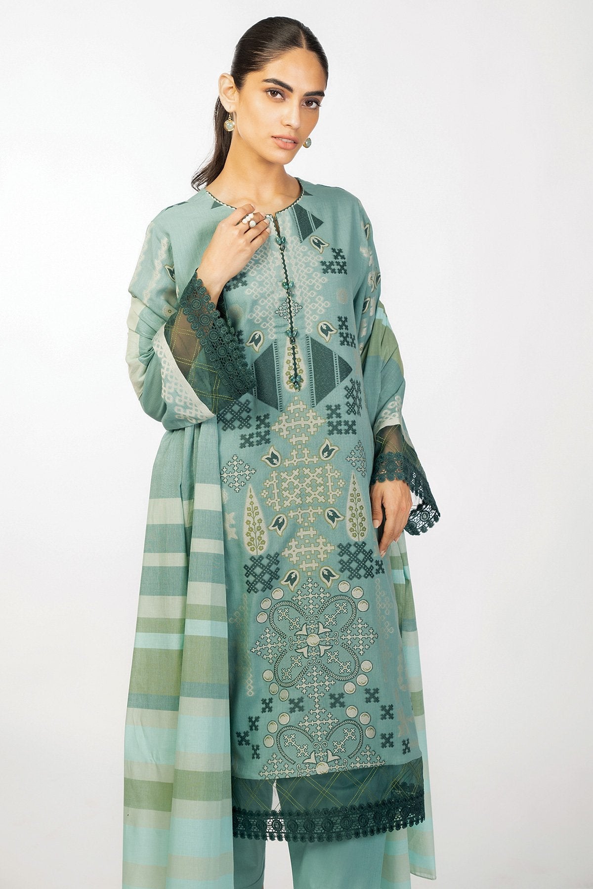 3 Pc Jacquard Suit With Yarn Dyed Dupatta