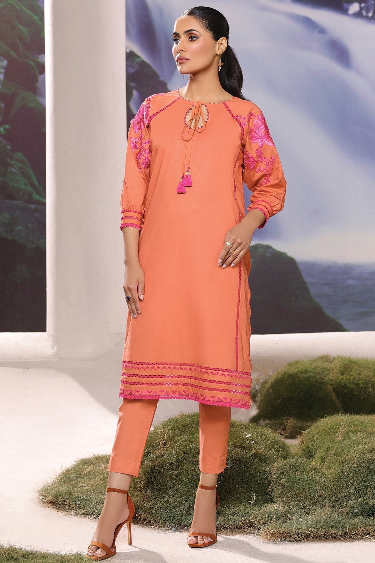 2 Pc Embroidered Cambric Suit With Cambric Trouser