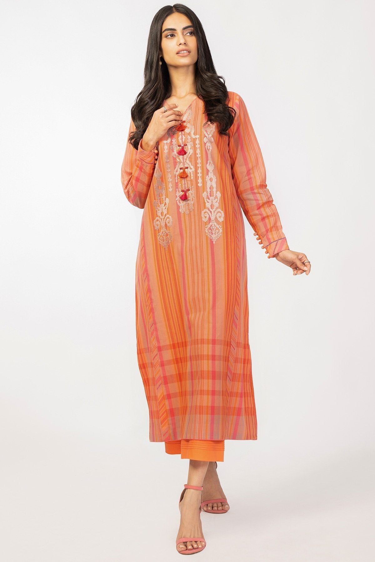 2 Pc Embroidered Yarn Dyed Suit With Cambric Trouser