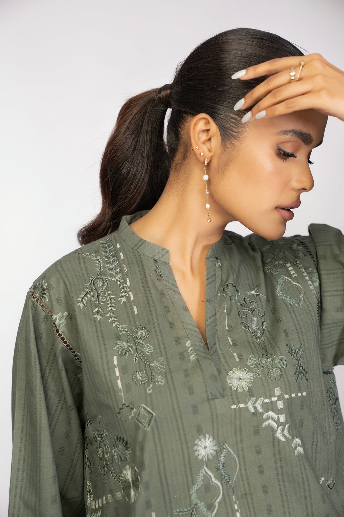 2 Pc Embroidered Dobby Suit With Cambric Trouser