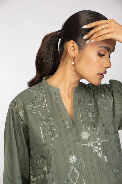 2 Pc Embroidered Dobby Suit With Cambric Trouser