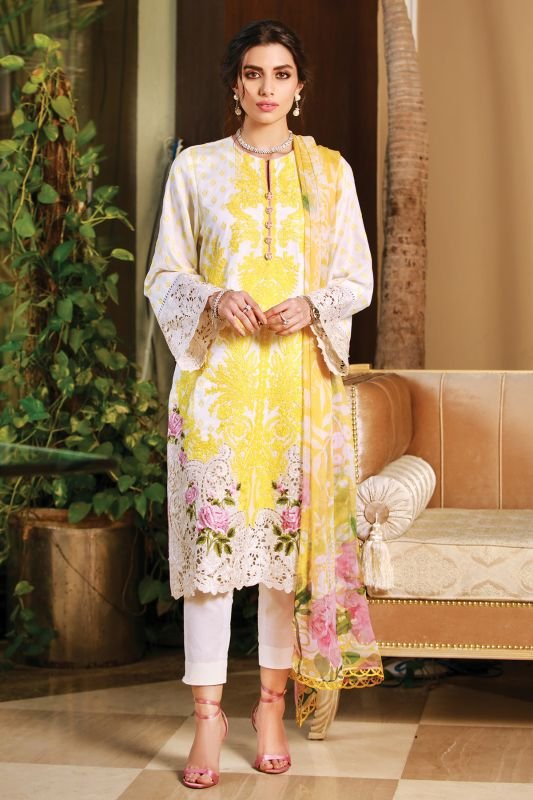 3 Pc Embroidered Cotton Satin Suit