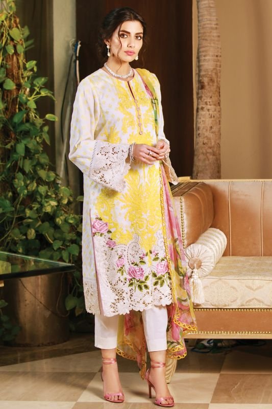 3 Pc Embroidered Cotton Satin Suit