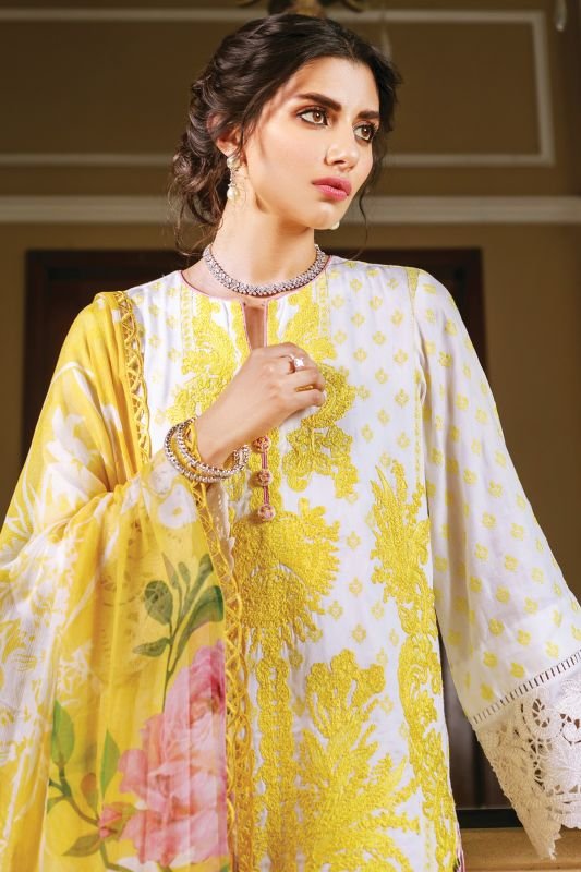 3 Pc Embroidered Cotton Satin Suit