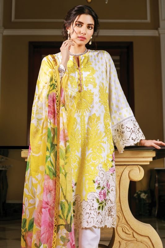 3 Pc Embroidered Cotton Satin Suit