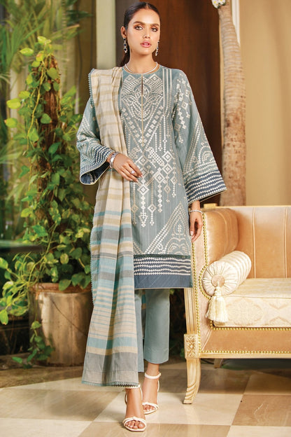 Alkaram - 3 Pc Embroidered Slub Lawn Suit With Yarn Dyed Dupatta