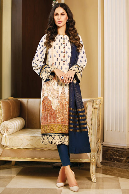 Alkaram - 3 Pc Embroidered Dobby Suit With Jacquard Dupatta
