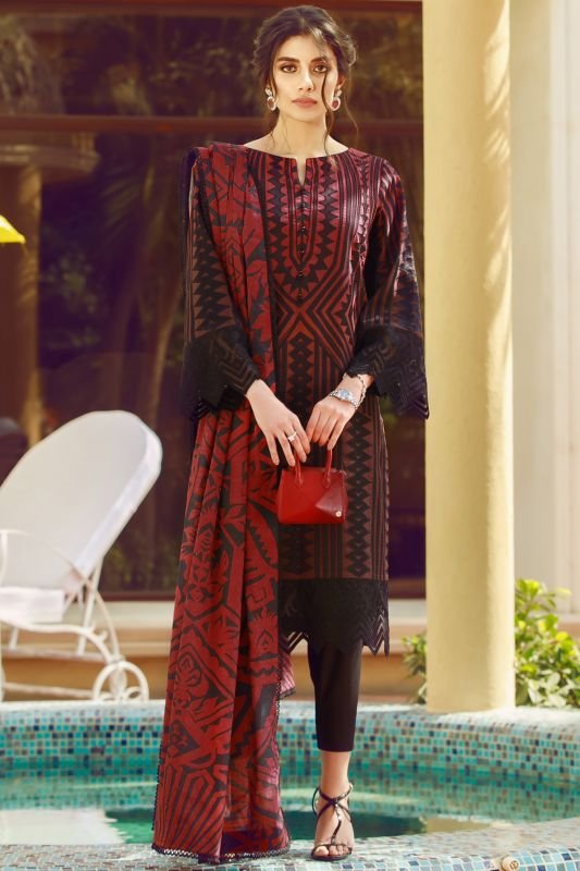 3 Pc Embroidered Cotton Satin Suit