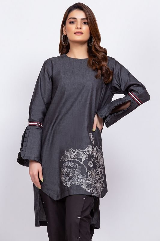 Dyed Embroidered Denim Kurti
