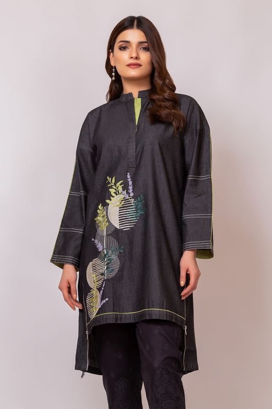 Dyed Embroidered Denim Kurti