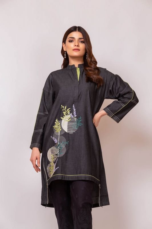 Dyed Embroidered Denim Kurti