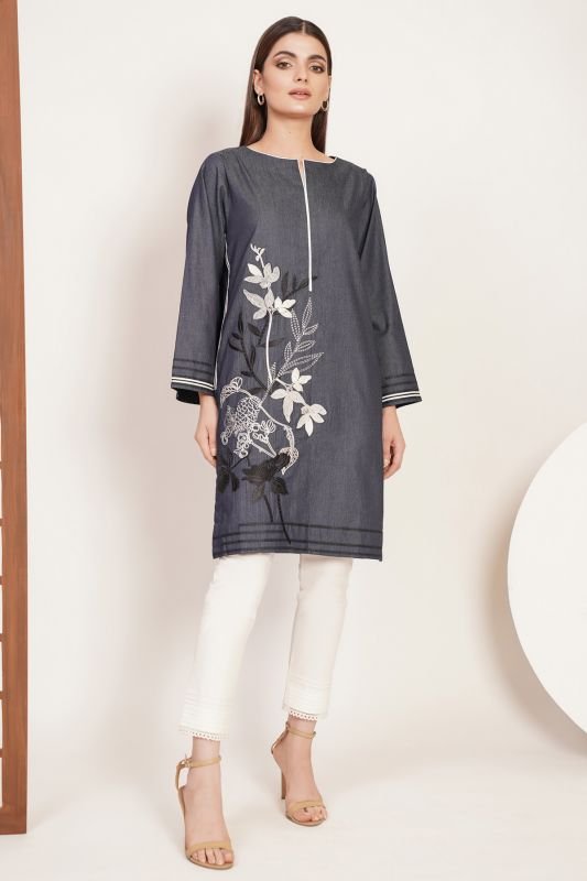 Dyed Embroidered Denim Kurti