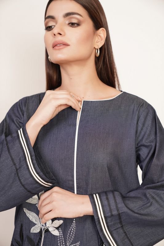 Dyed Embroidered Denim Kurti