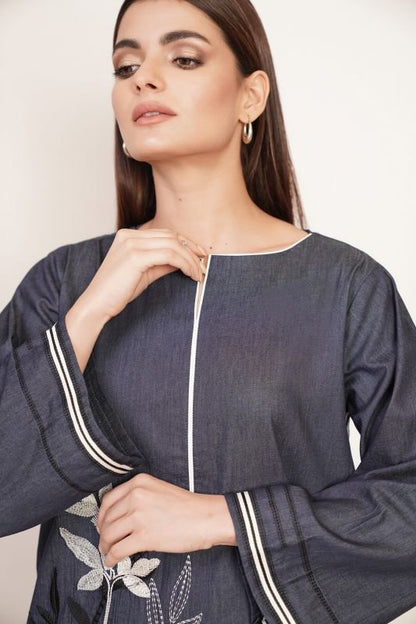 Dyed Embroidered Denim Kurti