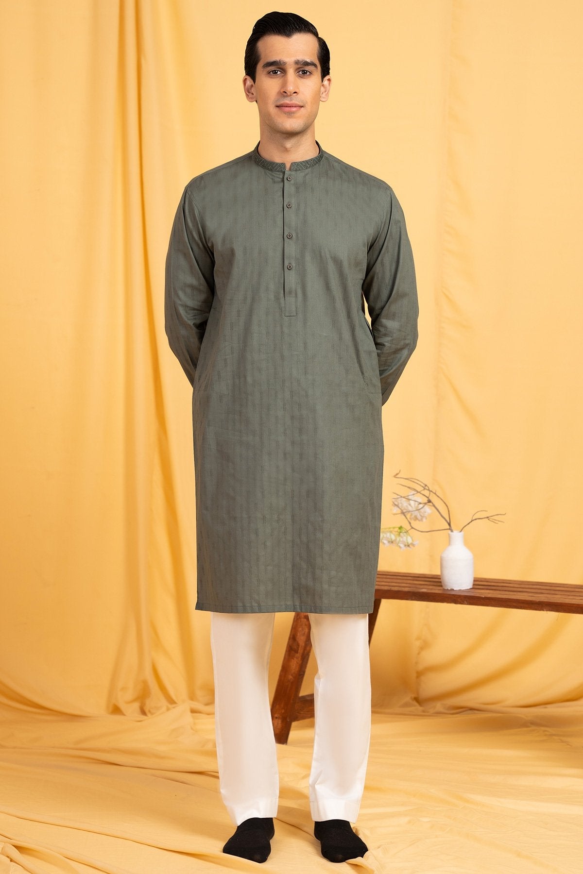 Dyed Embroidered Jacquard Kurta