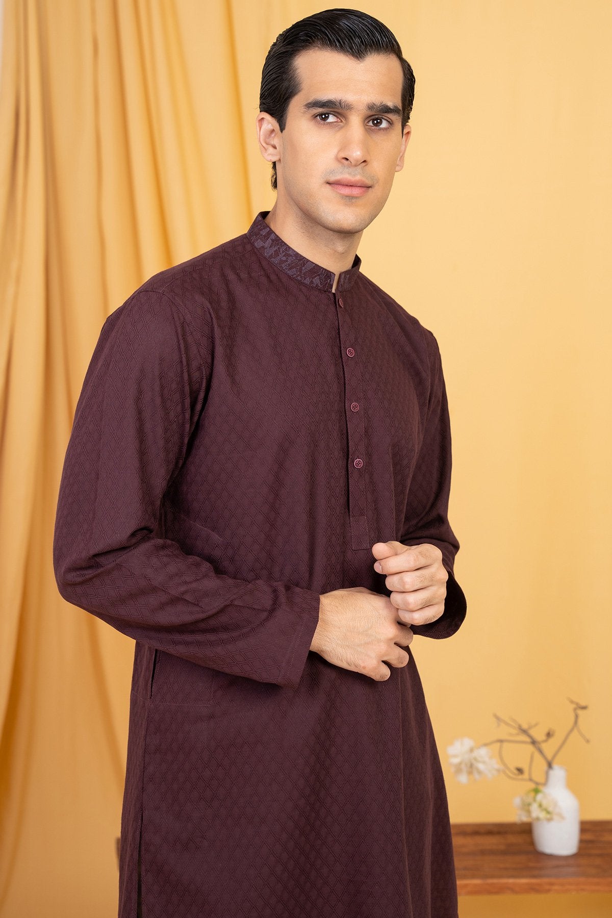 Dyed Embroidered Jacquard Kurta