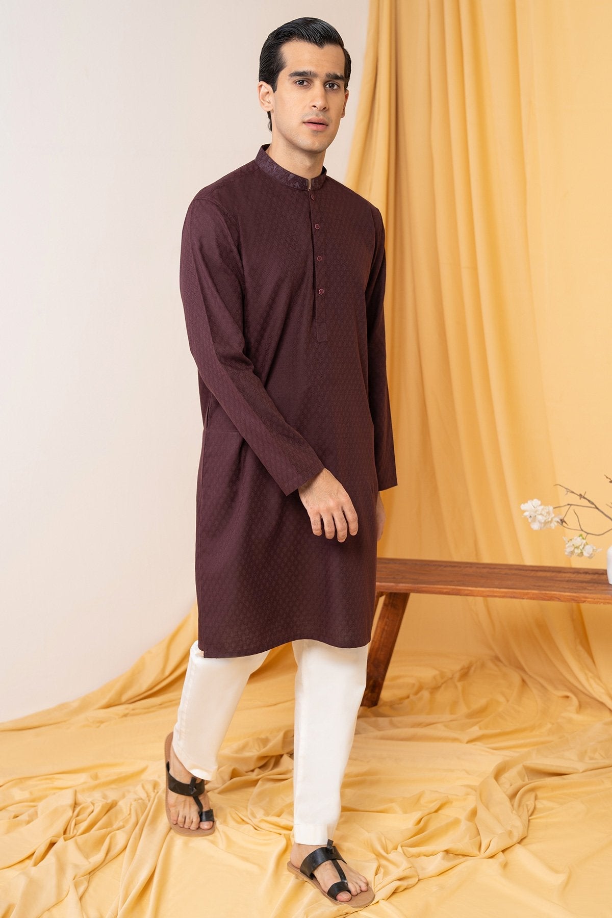 Dyed Embroidered Jacquard Kurta