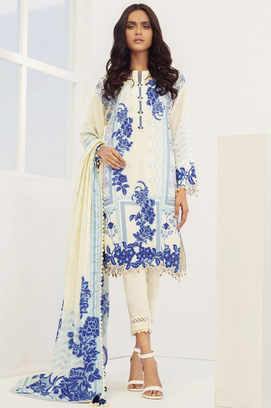 3 Pc Printed Slub Lawn Suit With Brochia Dupatta