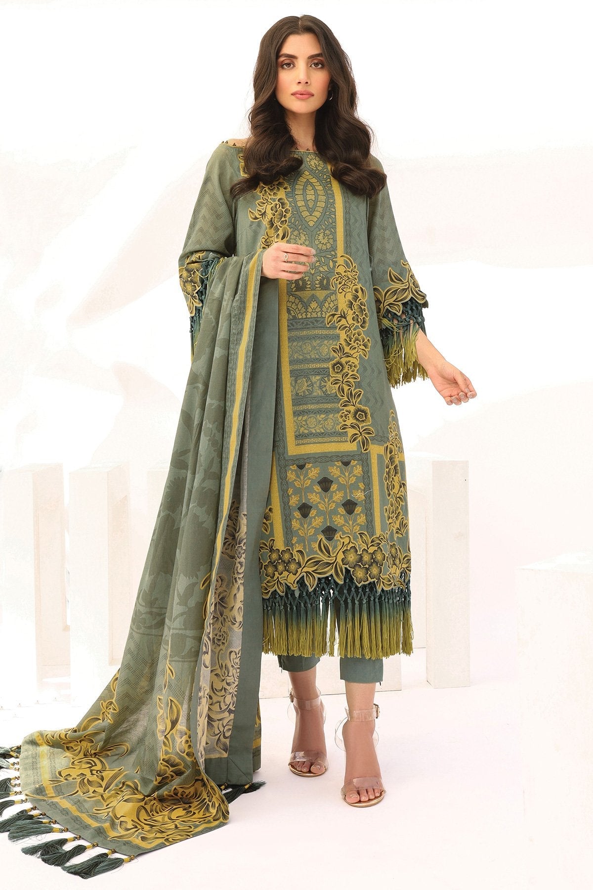 Alkaram - 3 Pc Printed Slub Lawn Suit With Brochia Dupatta