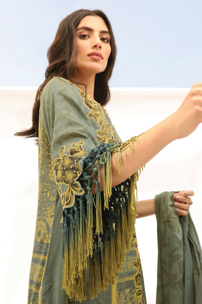 Alkaram - 3 Pc Printed Slub Lawn Suit With Brochia Dupatta
