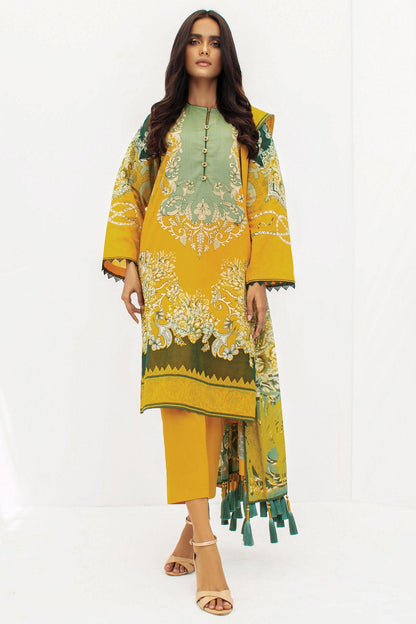 Alkaram - 3 Pc Printed Slub Lawn Suit With Brochia Dupatta