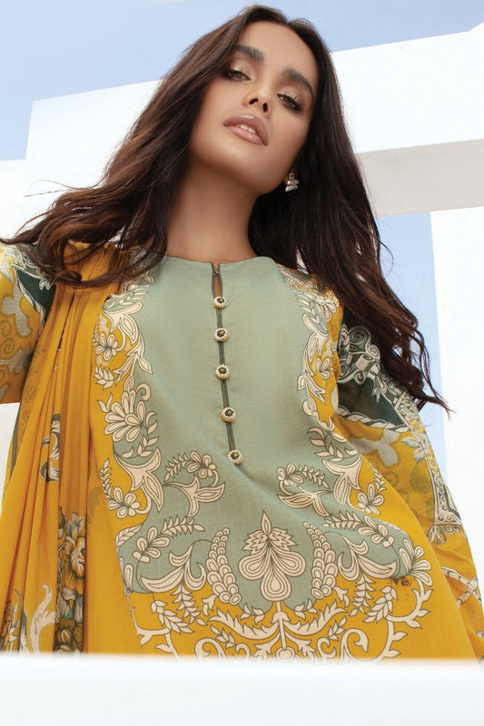 Alkaram - 3 Pc Printed Slub Lawn Suit With Brochia Dupatta