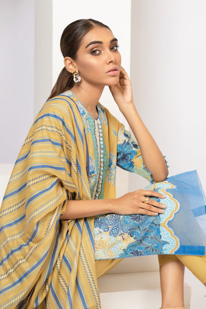 Alkaram - 3 Pc Embroidered Slub Lawn Suit With Printed Doria Dupatta