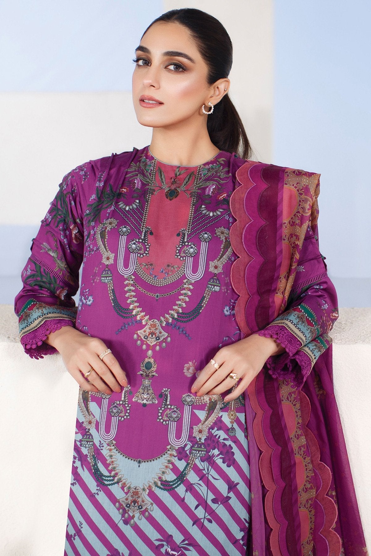 Alkaram - 3 Pc Digital Printed Cotton Satin Suit With Digital Silk Dupatta