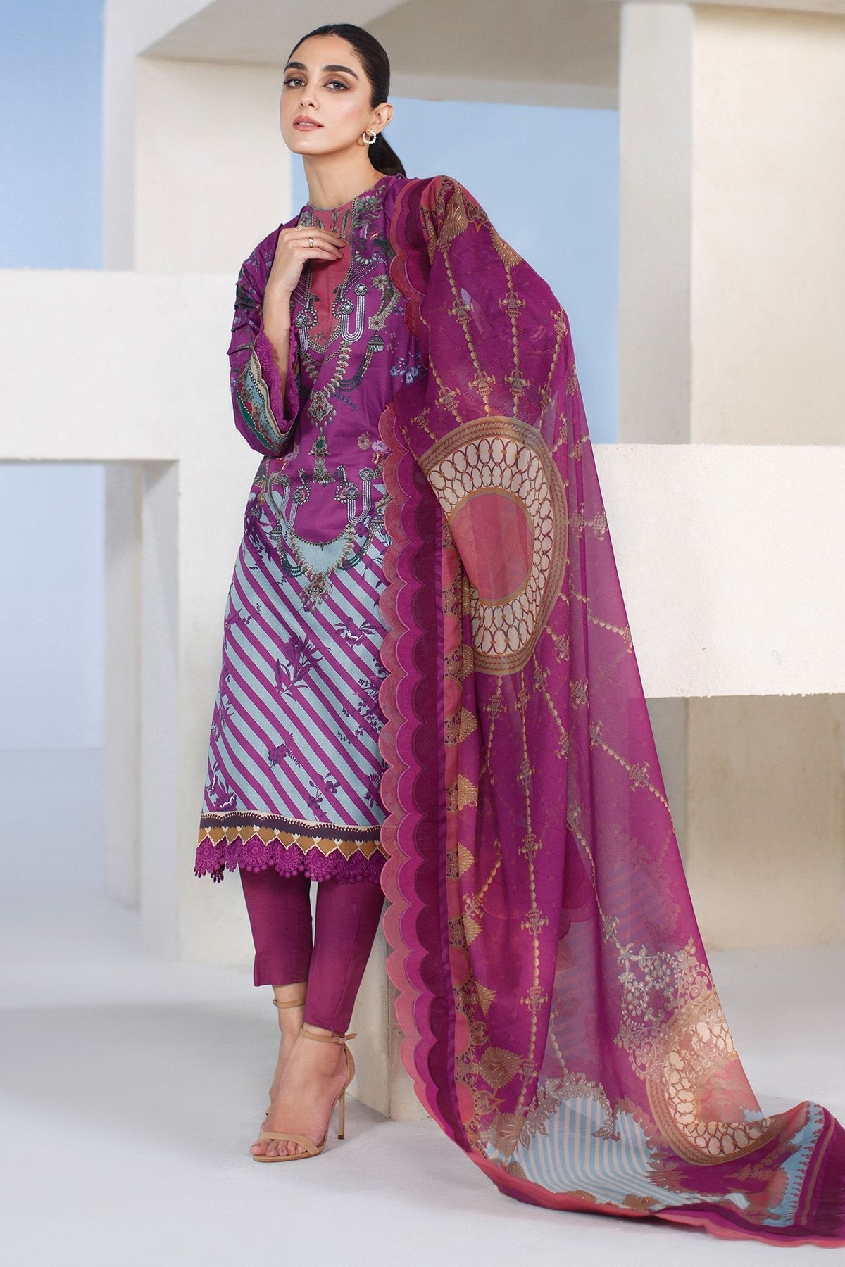 Alkaram - 3 Pc Digital Printed Cotton Satin Suit With Digital Silk Dupatta