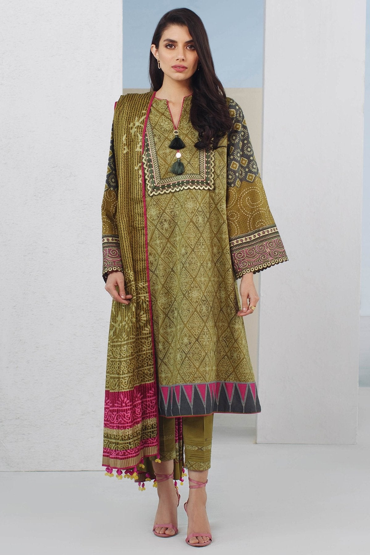 Alkaram - 3 Pc Embroidered Lawn Suit With Printed Brochia Lawn Dupatta